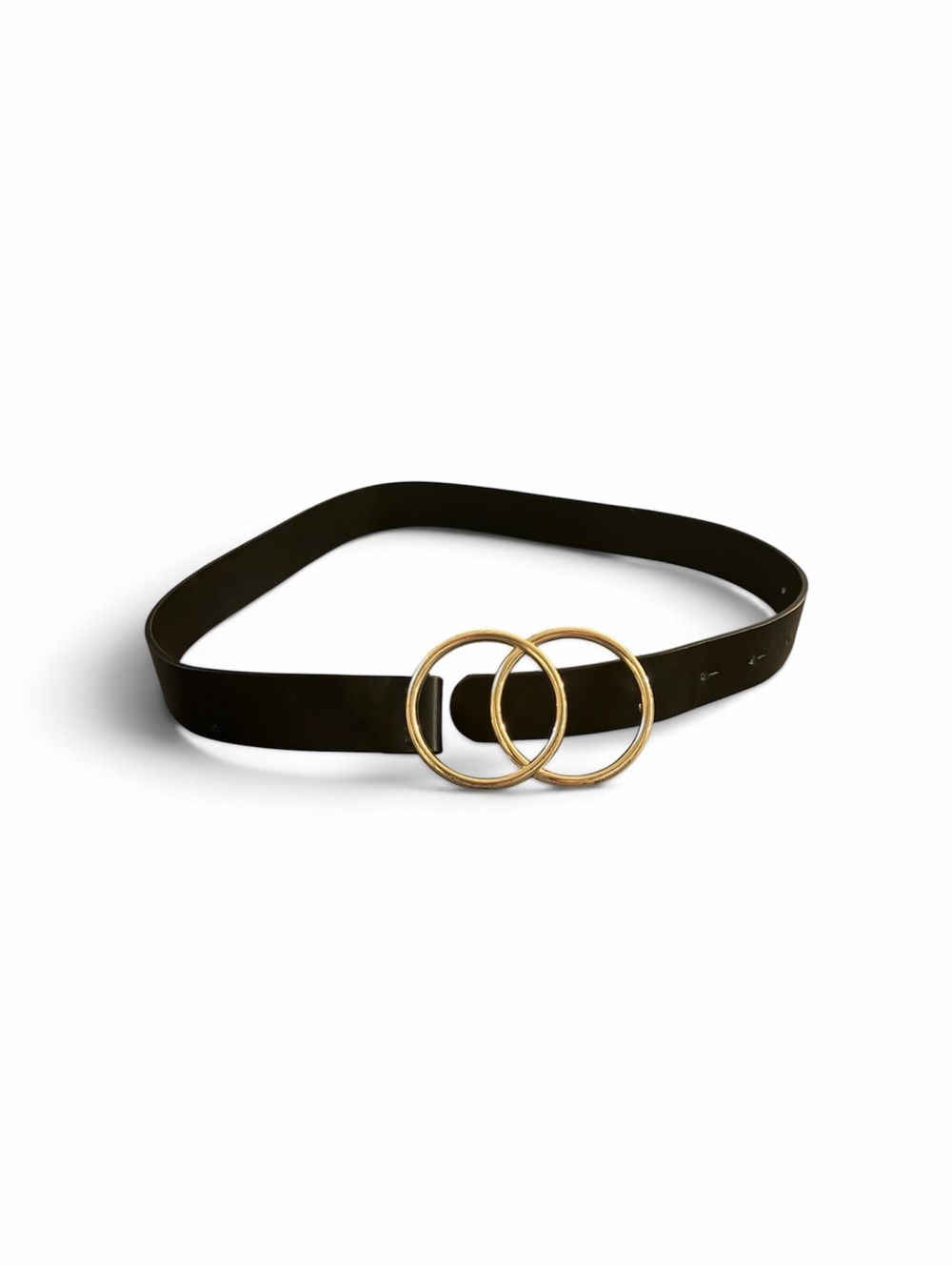 Black Leather Belt with Gold Double-Ring Buckle